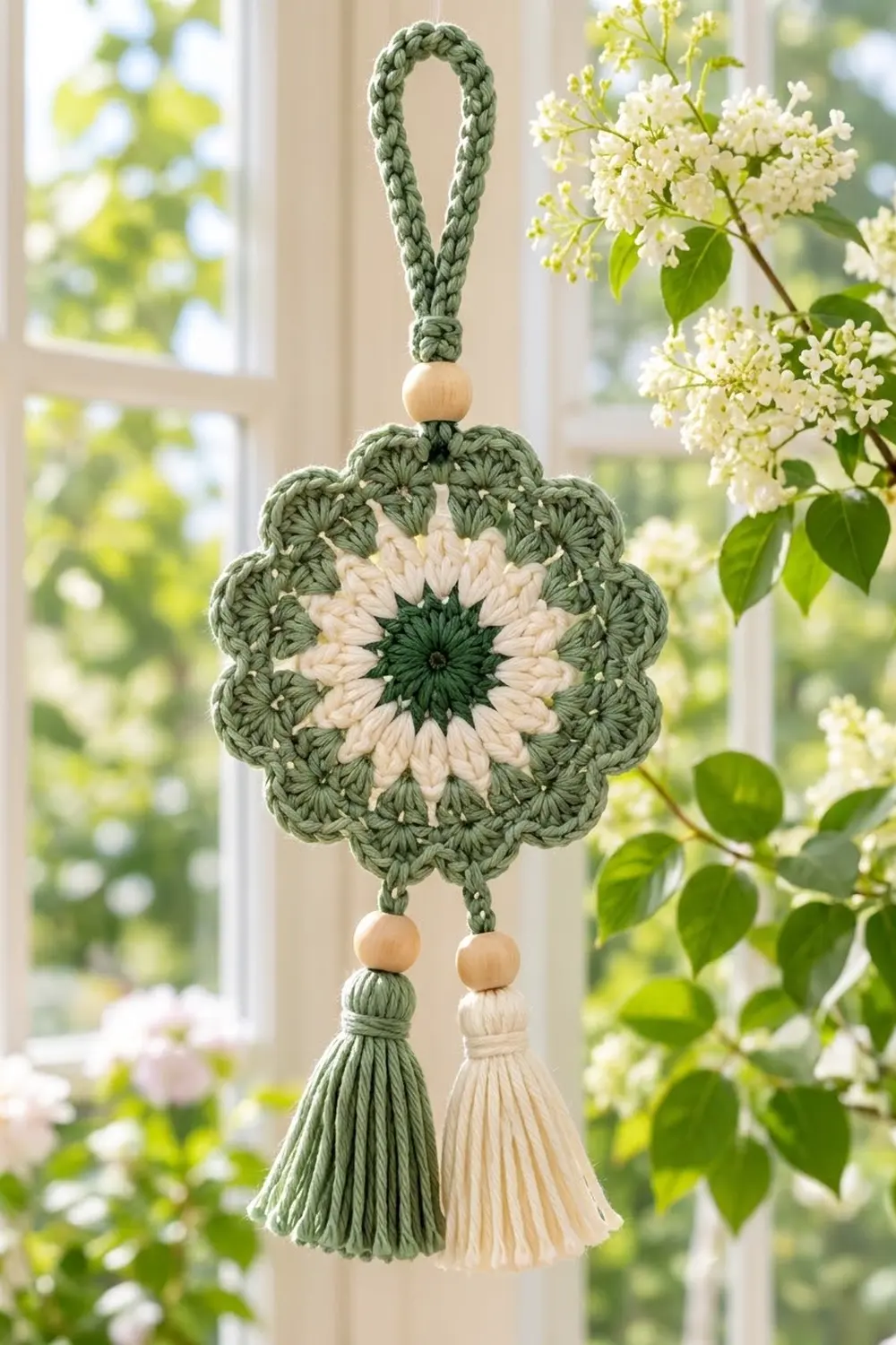 A crocheted flower ornament with sage green and cream colors hangs in a sunlit window beside white lilac blooms.