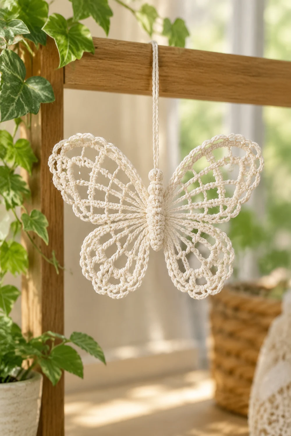 A delicate cream-colored crocheted butterfly ornament hangs from twine against a sunlit window with potted plants.