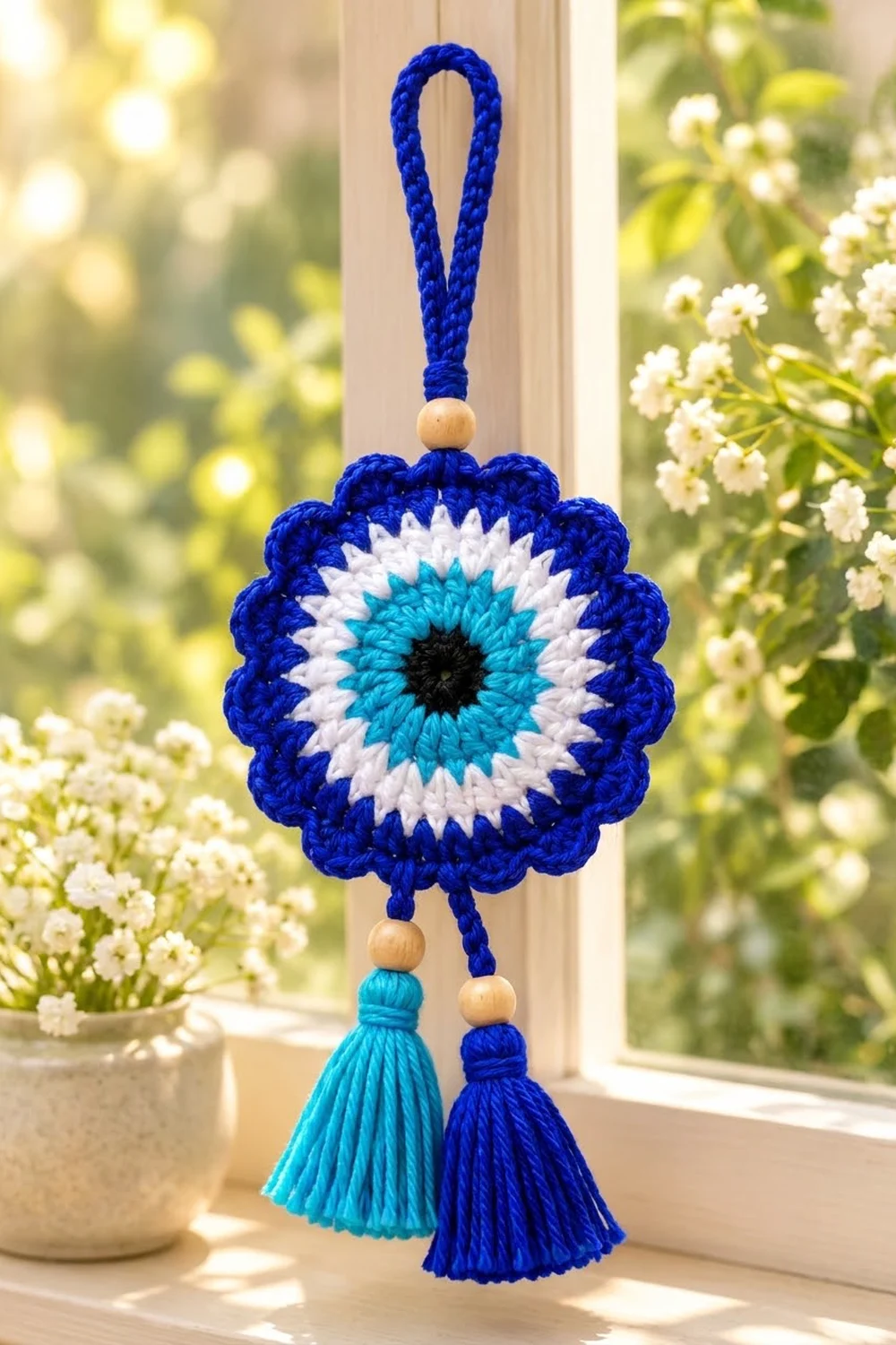 A crocheted blue eye charm with white and turquoise center hangs in a sunny window beside white flowers.