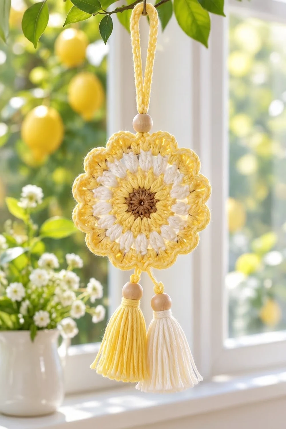 A crocheted yellow and white daisy ornament with tassel hangs in a sunny window beside lemon tree branches.