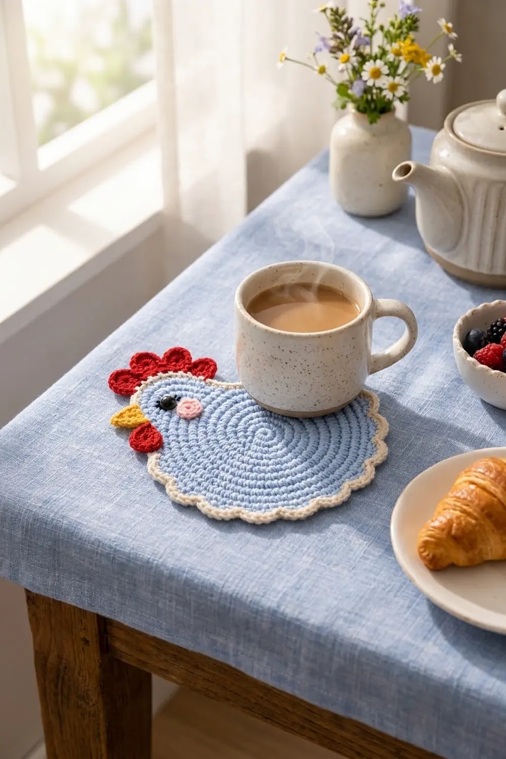 A crocheted blue chicken coaster with red comb sits under a ceramic mug on a light blue tablecloth beside breakfast items.