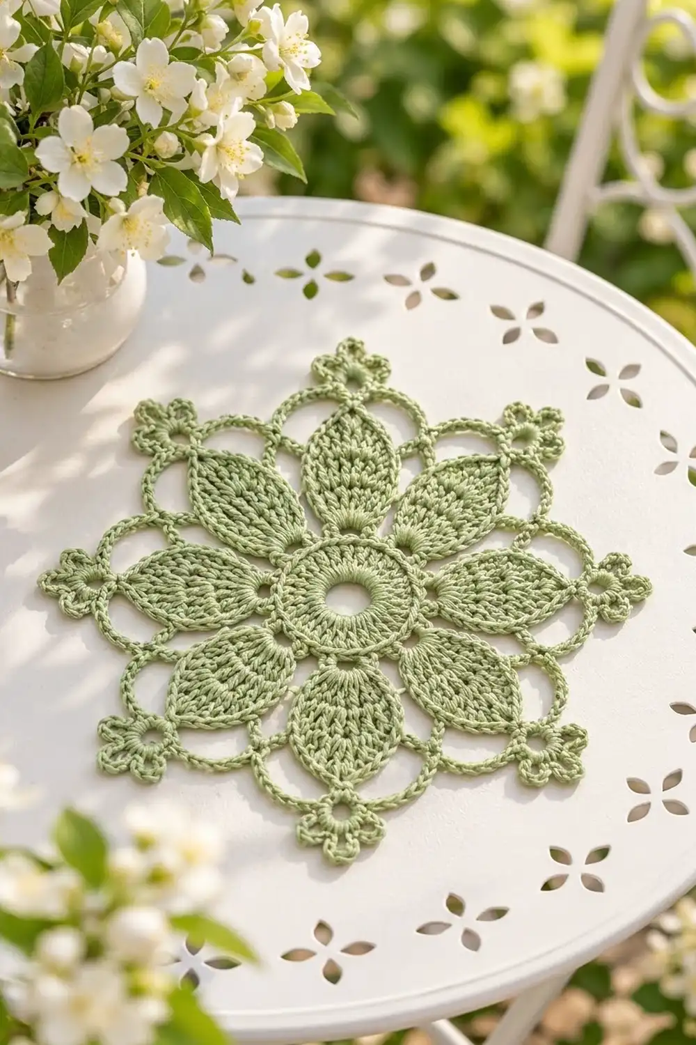 A pale green crocheted lace doily displayed on a white perforated plate beside fresh white flowers.