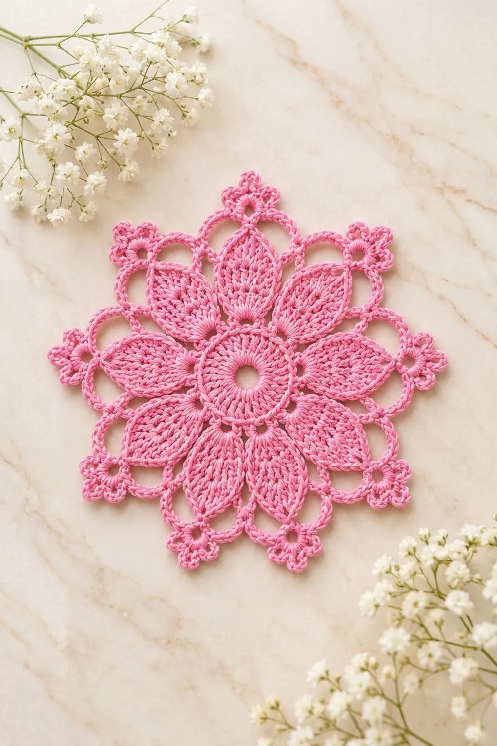 A pink crocheted flower doily displayed on marble with white baby's breath flowers in corners.