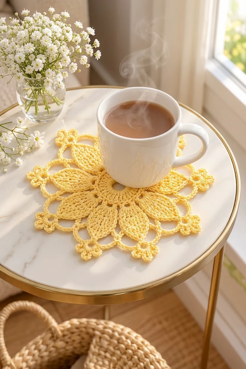 A white mug of tea sits on a yellow crocheted flower coaster atop a marble table with white flowers.