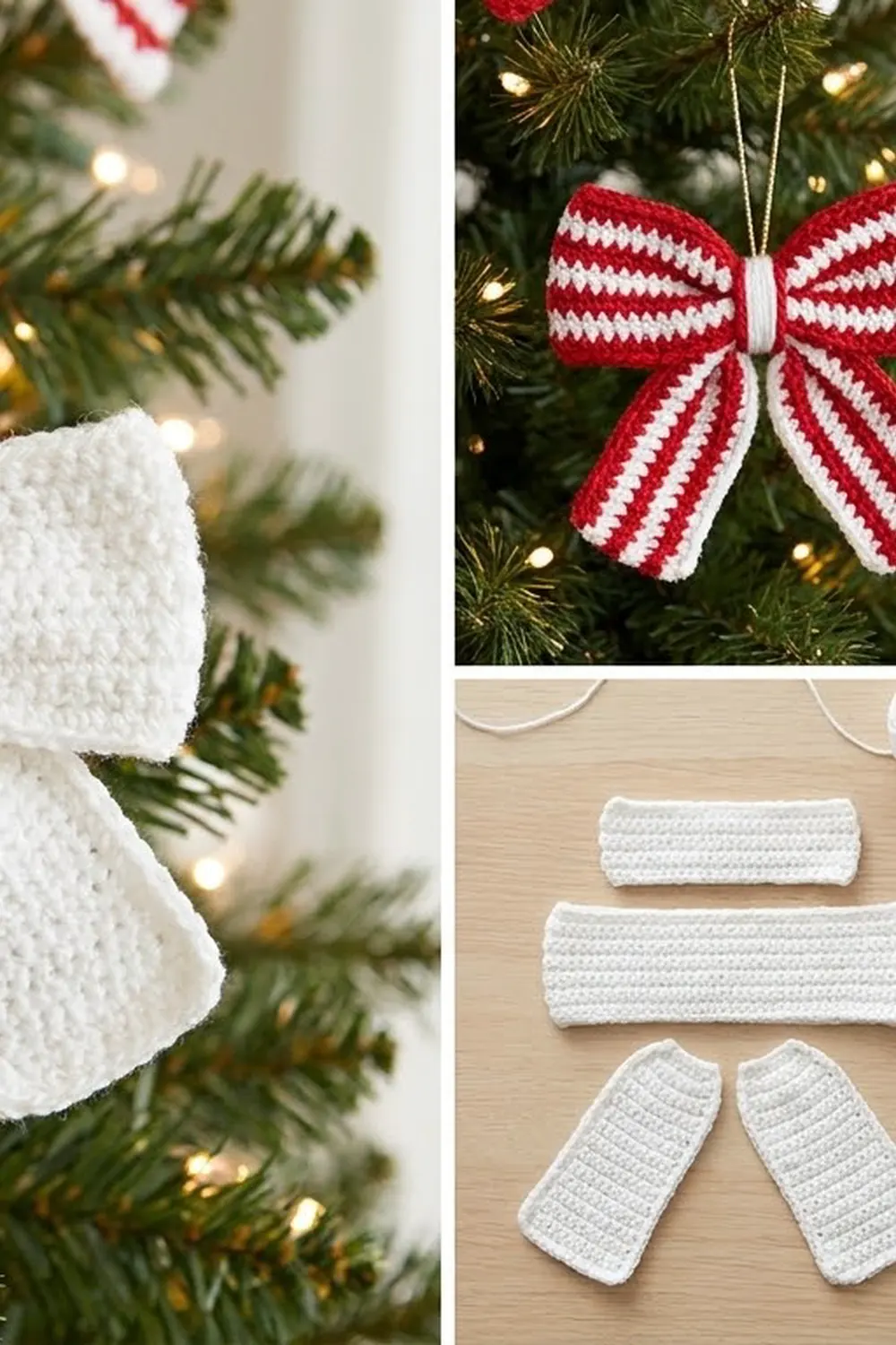 Red and white crocheted bow ornament hanging on evergreen tree branches with warm lights and white mittens.