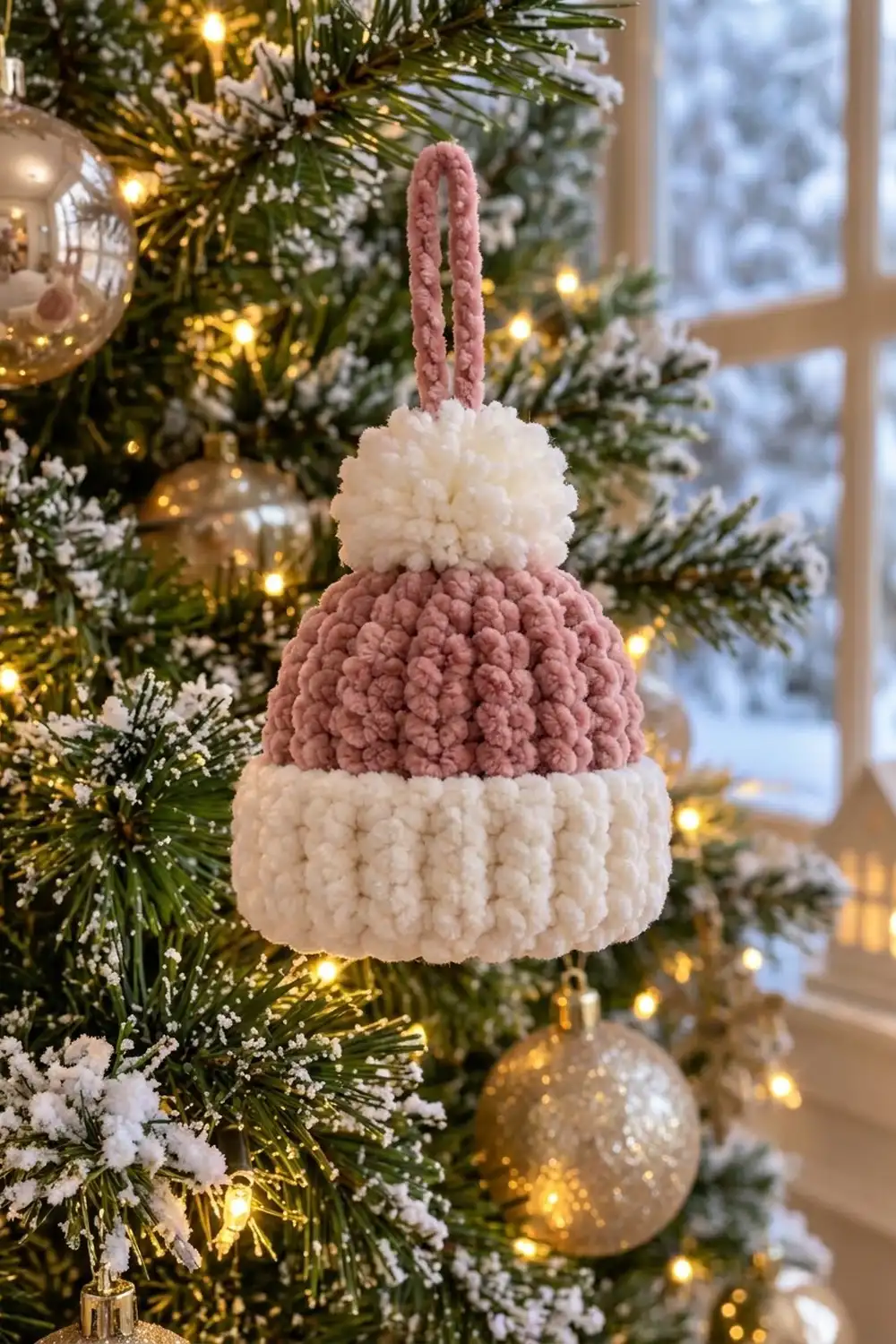 A pink and white knitted beanie ornament hangs from a decorated Christmas tree with warm lights and frosted branches.