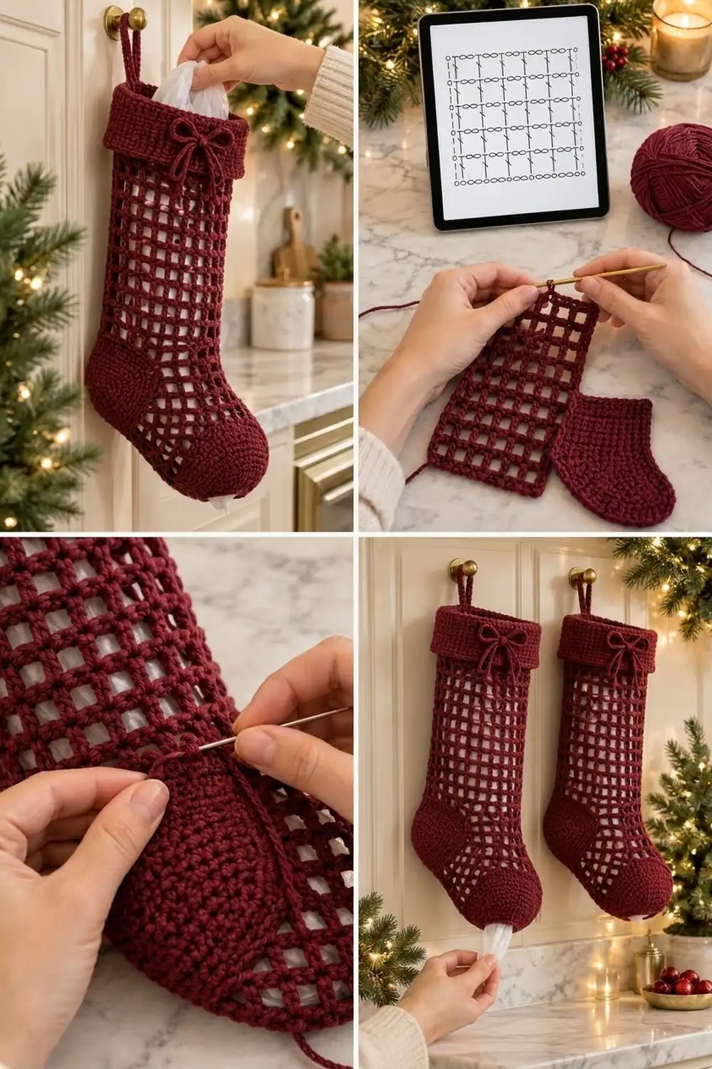 Burgundy crochet Christmas stockings with openwork patterns displayed hung on a mantle and being crafted.