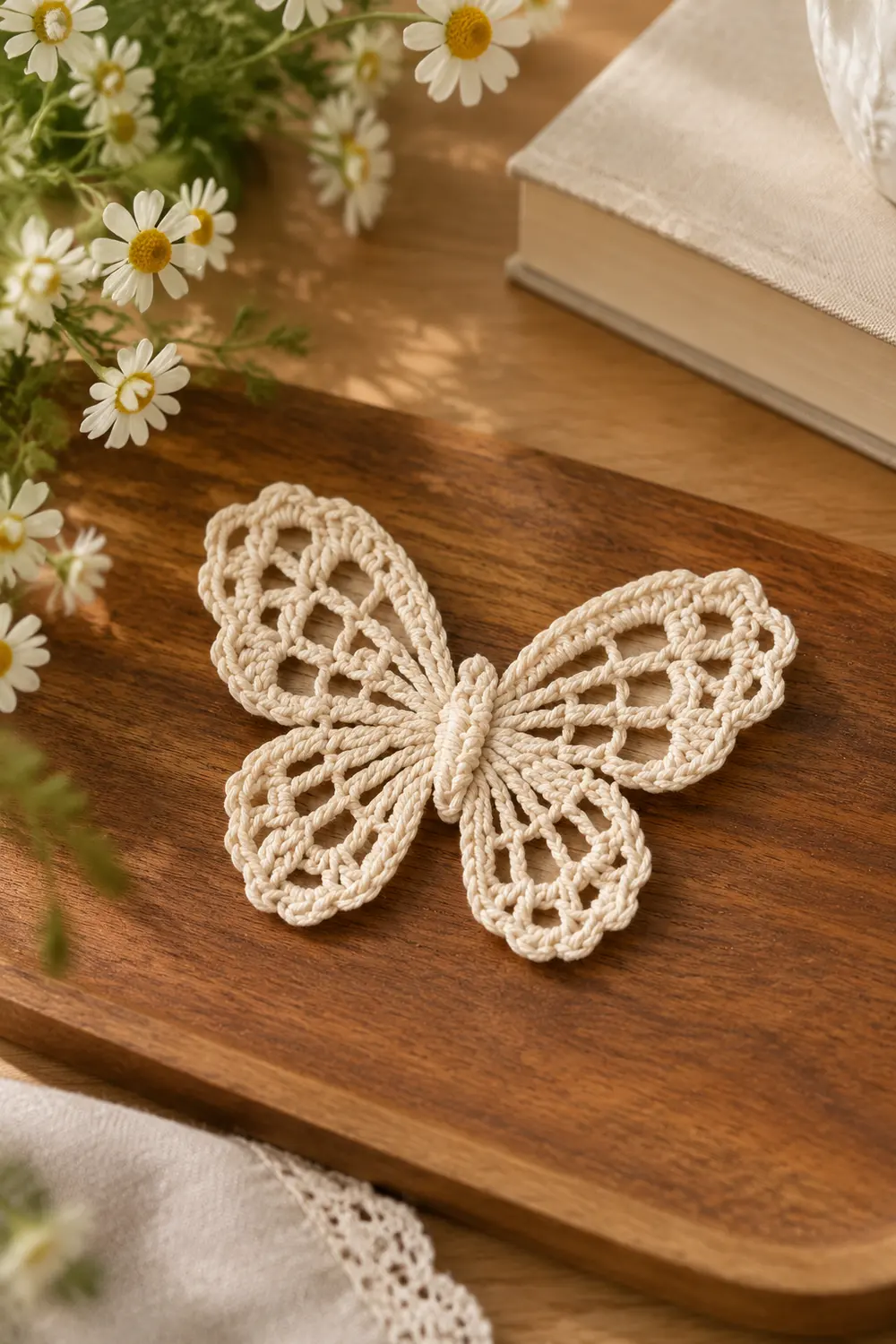 A cream-colored crocheted butterfly ornament displayed on a wooden surface surrounded by white daisies and linen fabric.