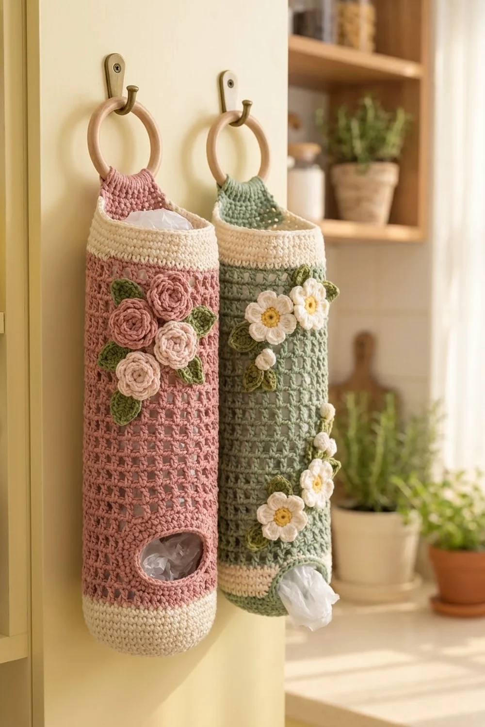 Two crocheted tissue holders with floral appliqués hang from wooden rings on a cream wall near potted plants.