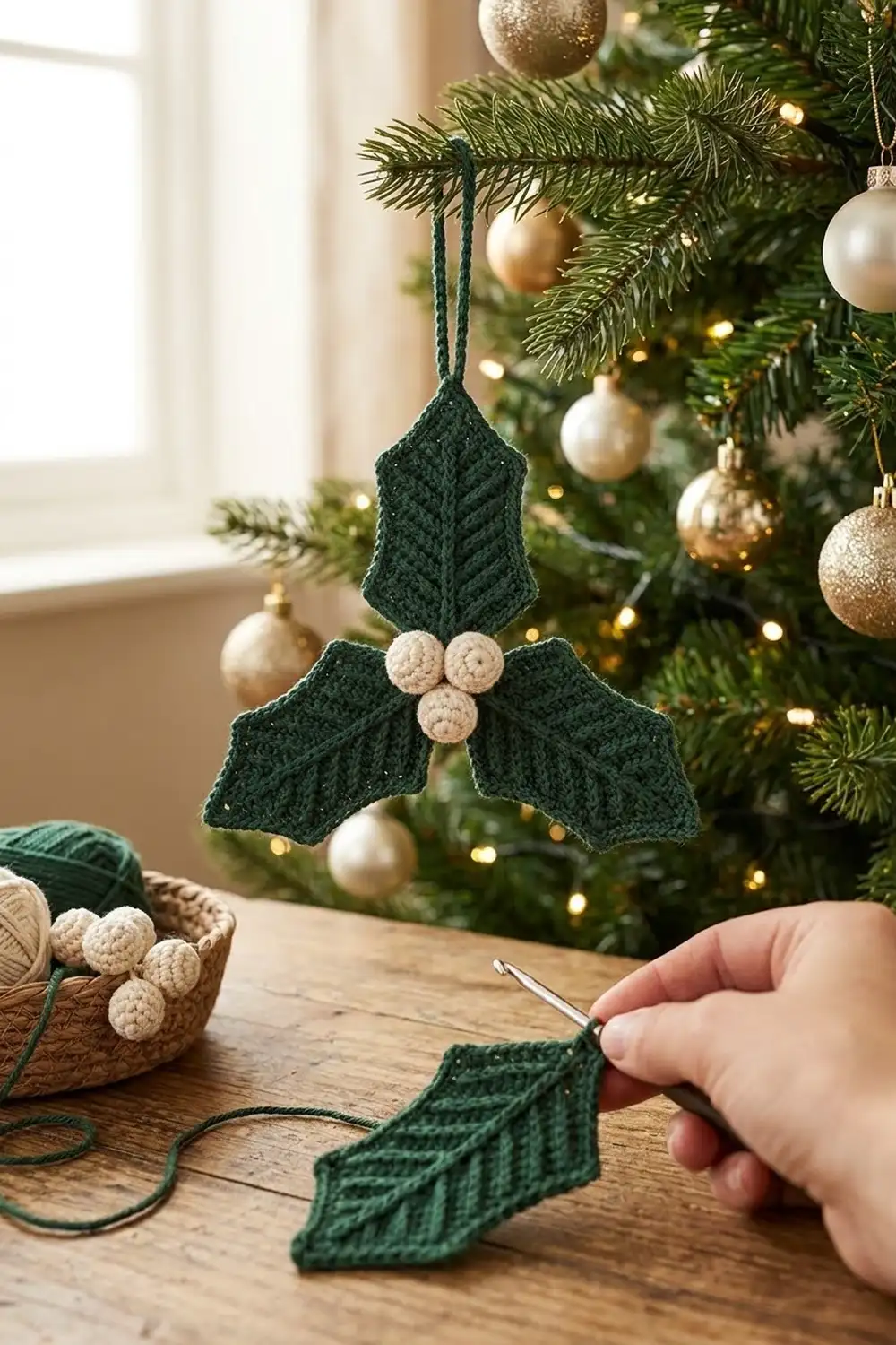 A crocheted holly leaf ornament with cream berries hangs on a Christmas tree beside pearl and gold baubles.