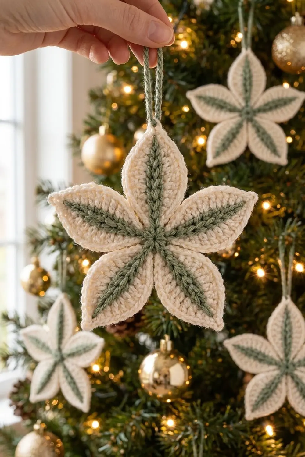Hand holding a crocheted cream and sage star ornament on a decorated Christmas tree with gold lights.
