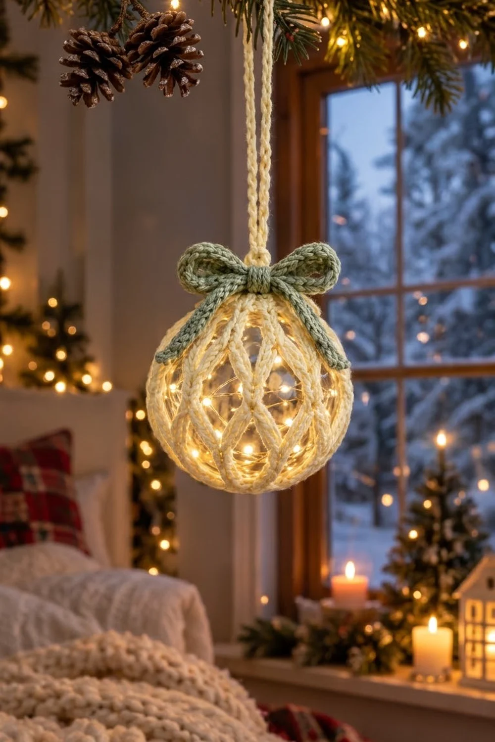 Illuminated rope-wrapped ornament with gray bow hanging in cozy winter bedroom decorated with pine cones and warm lights.