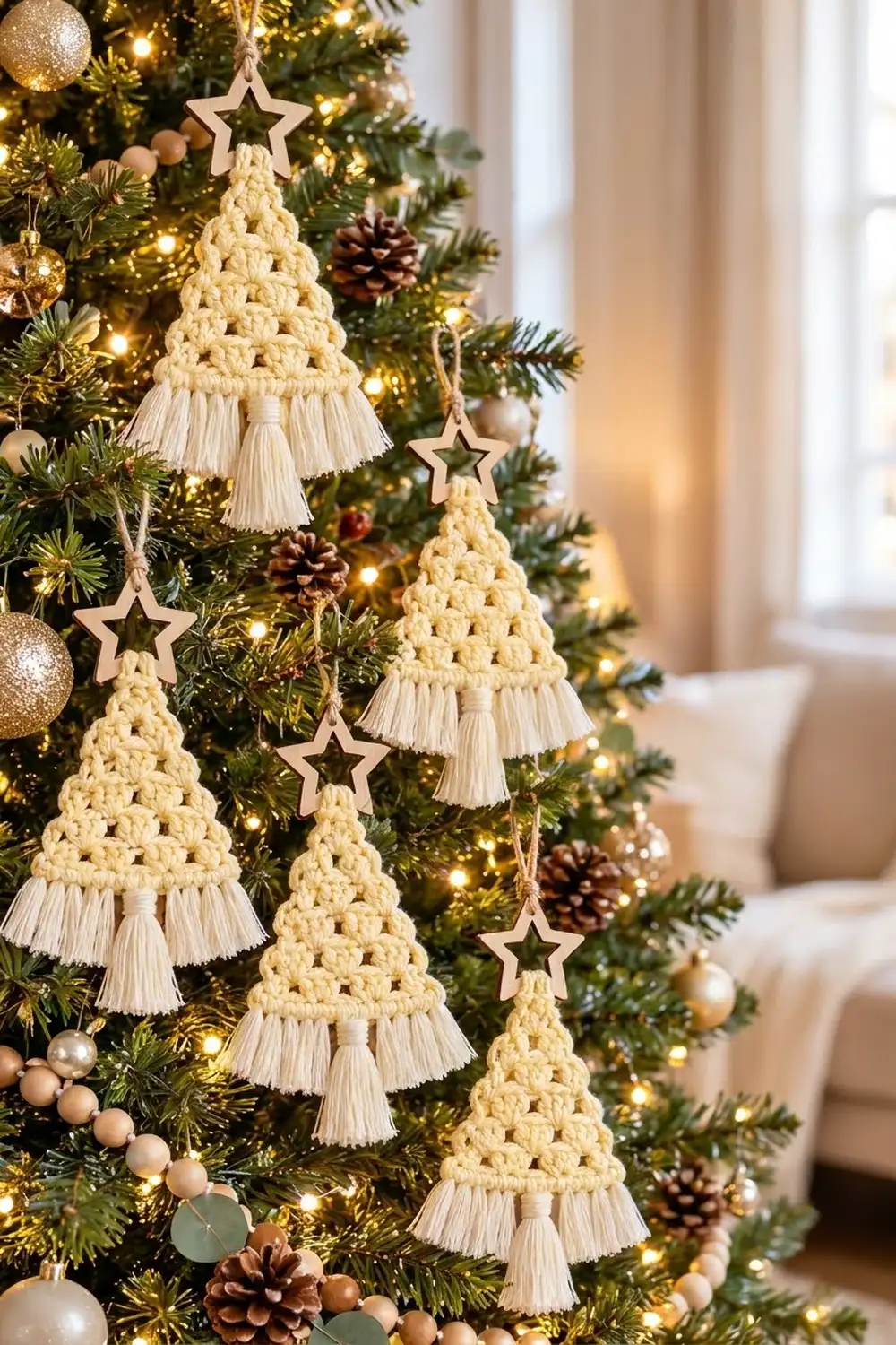 Cream macramé tree ornaments with tassel skirts and wooden stars hang on a decorated Christmas tree with lights.
