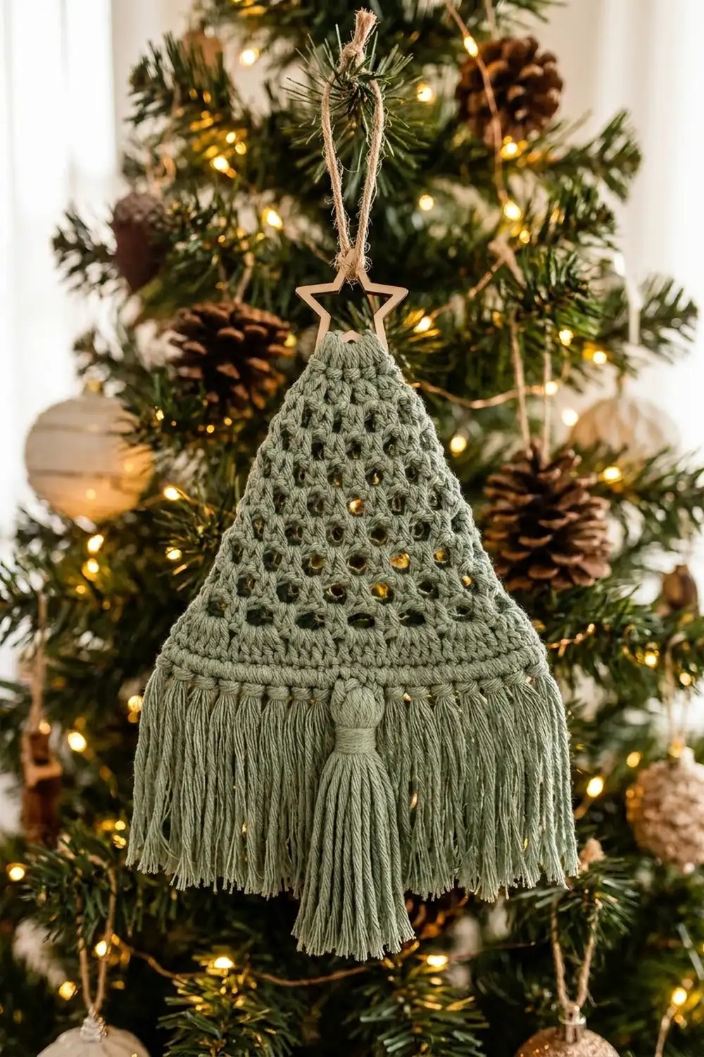 A crocheted sage green tree ornament with macramé fringe hangs from twine on a decorated Christmas tree.