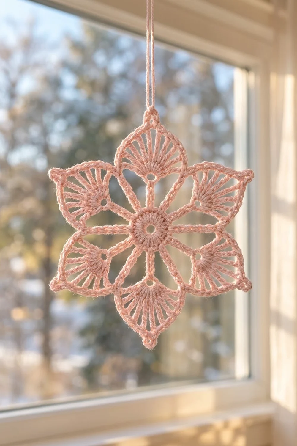 A delicate pink crocheted snowflake ornament hangs from a string in a sunny window.