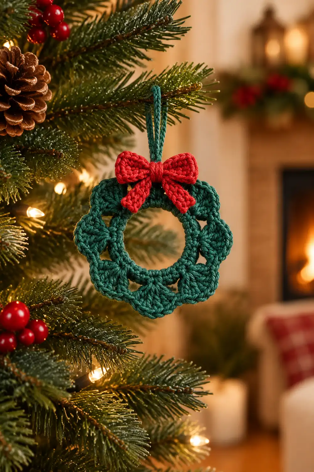 A crocheted green wreath ornament with red bow hanging on a Christmas tree branch among lights and pine cones.