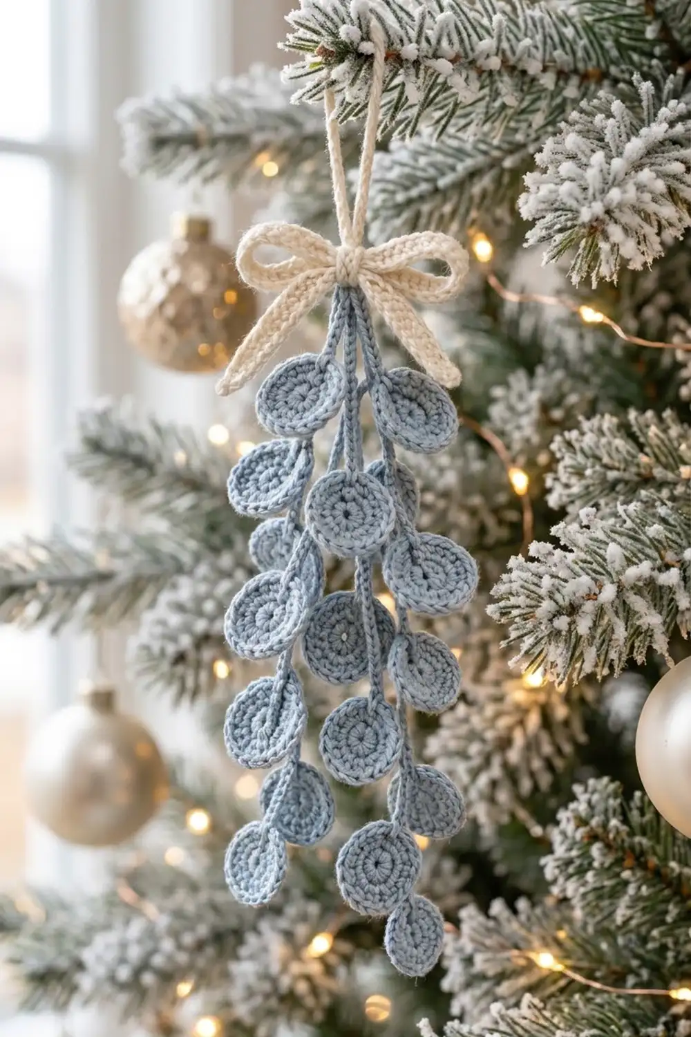 A crocheted mistletoe ornament in gray and cream hangs from a frosted evergreen tree branch with gold lights.