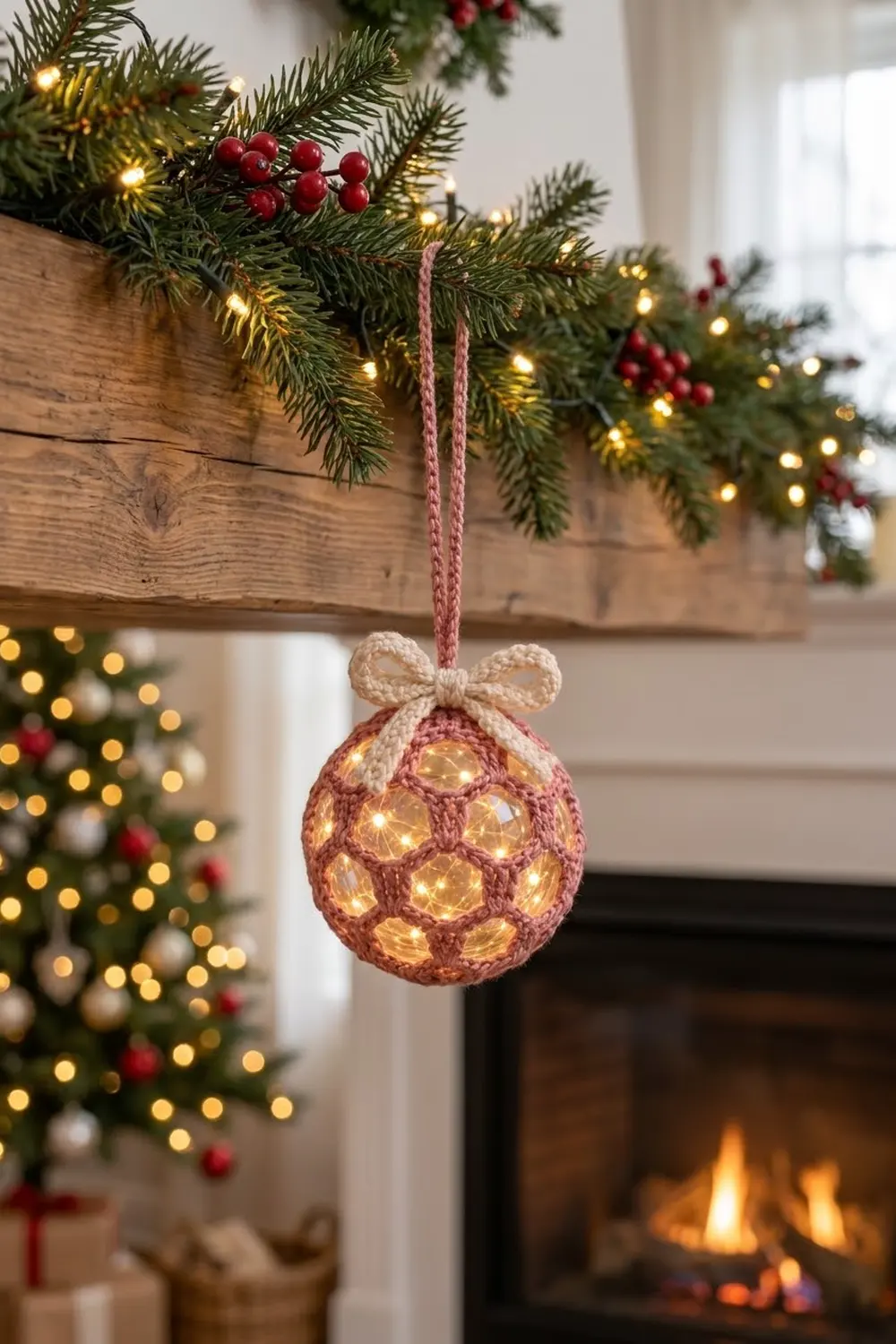 A pink crocheted ornament with warm white lights hangs from a mantel decorated with evergreen garland and berries.