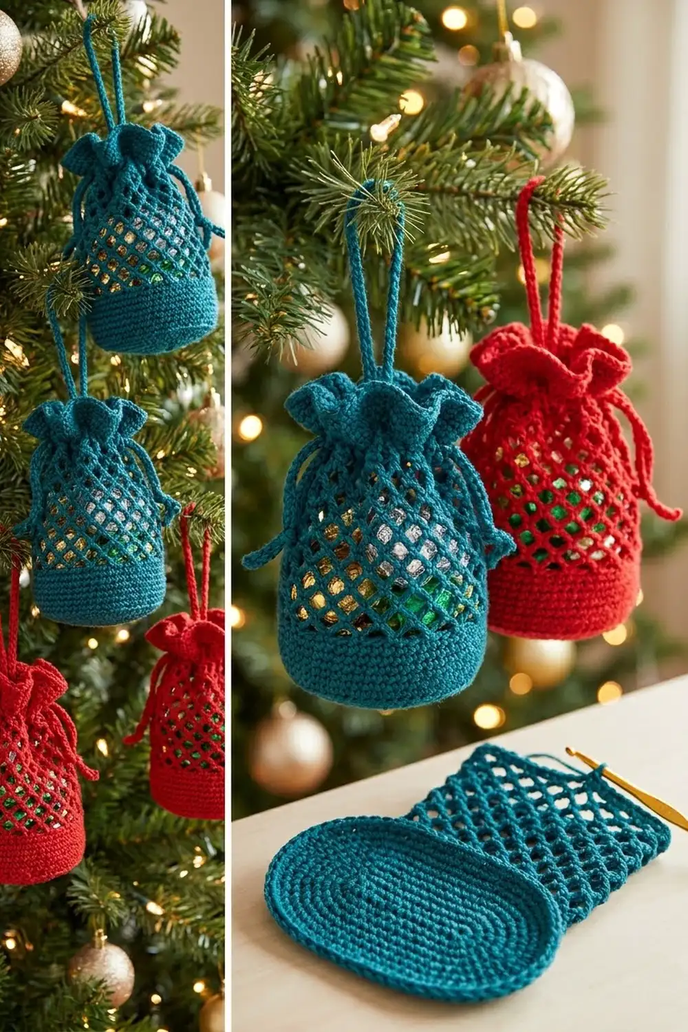 Crocheted pear-shaped ornaments in teal and red with openwork details hanging from evergreen branches.