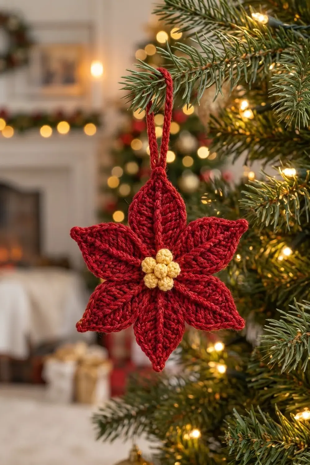 A crocheted red poinsettia ornament with cream center hangs on an evergreen branch amid twinkling lights.