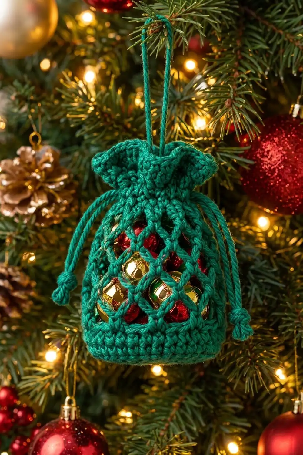 A teal crocheted ornament with openwork pattern and red and gold beads hanging on a Christmas tree.