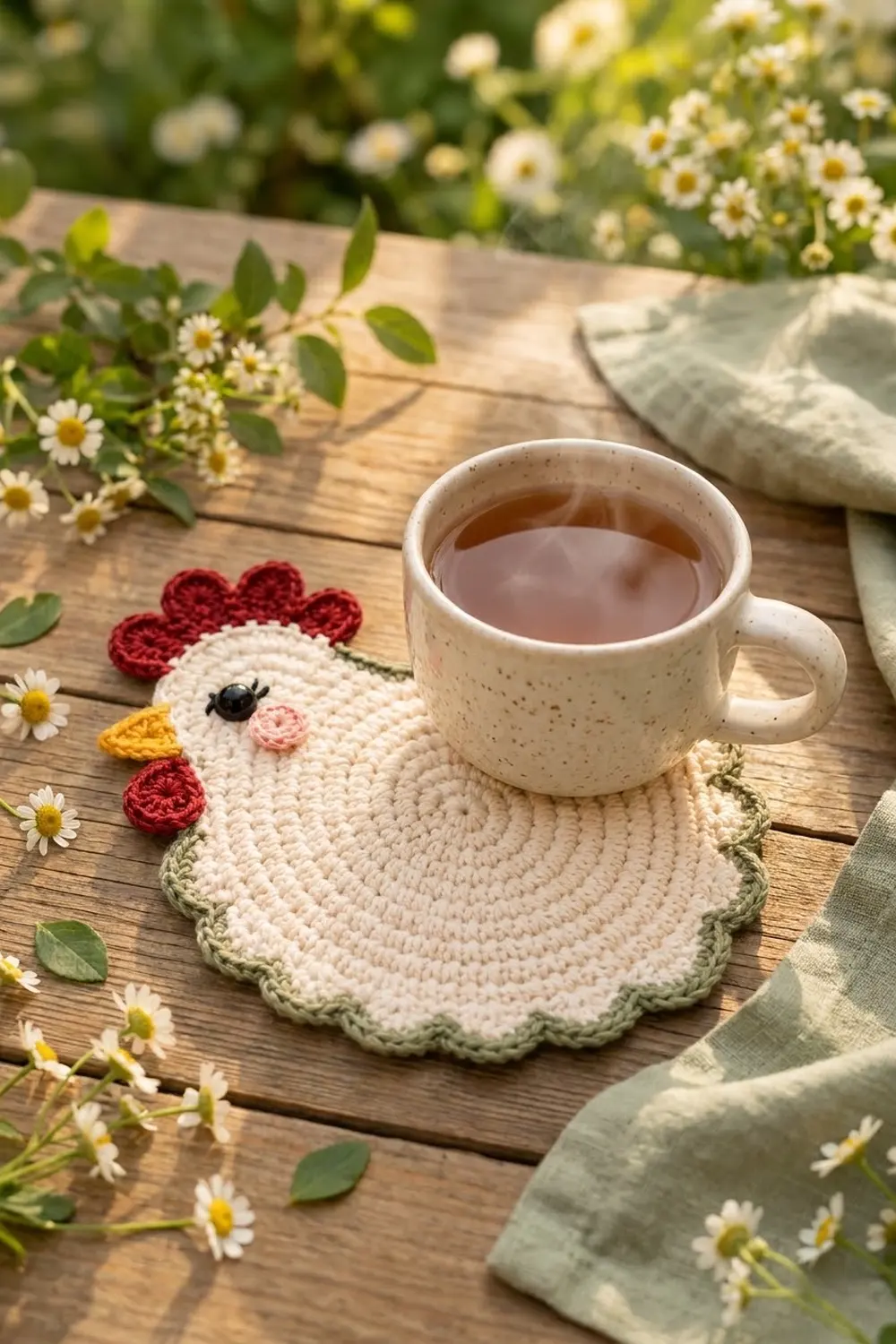 A crocheted chicken coaster in cream and red holds a speckled mug of tea on a wooden table surrounded by daisies.