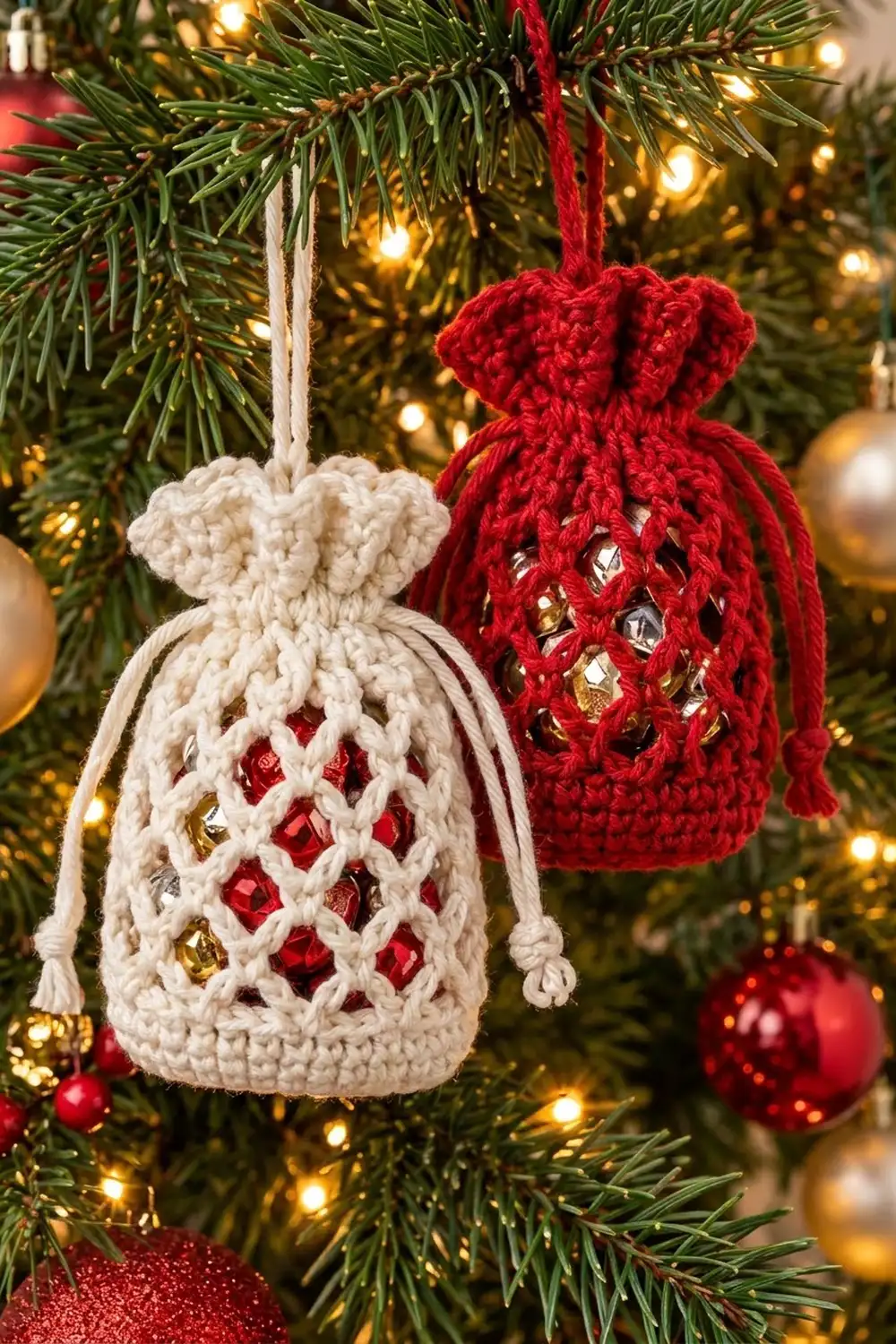 Two crocheted gift bag ornaments in cream and red with sequin details hanging on a decorated Christmas tree.