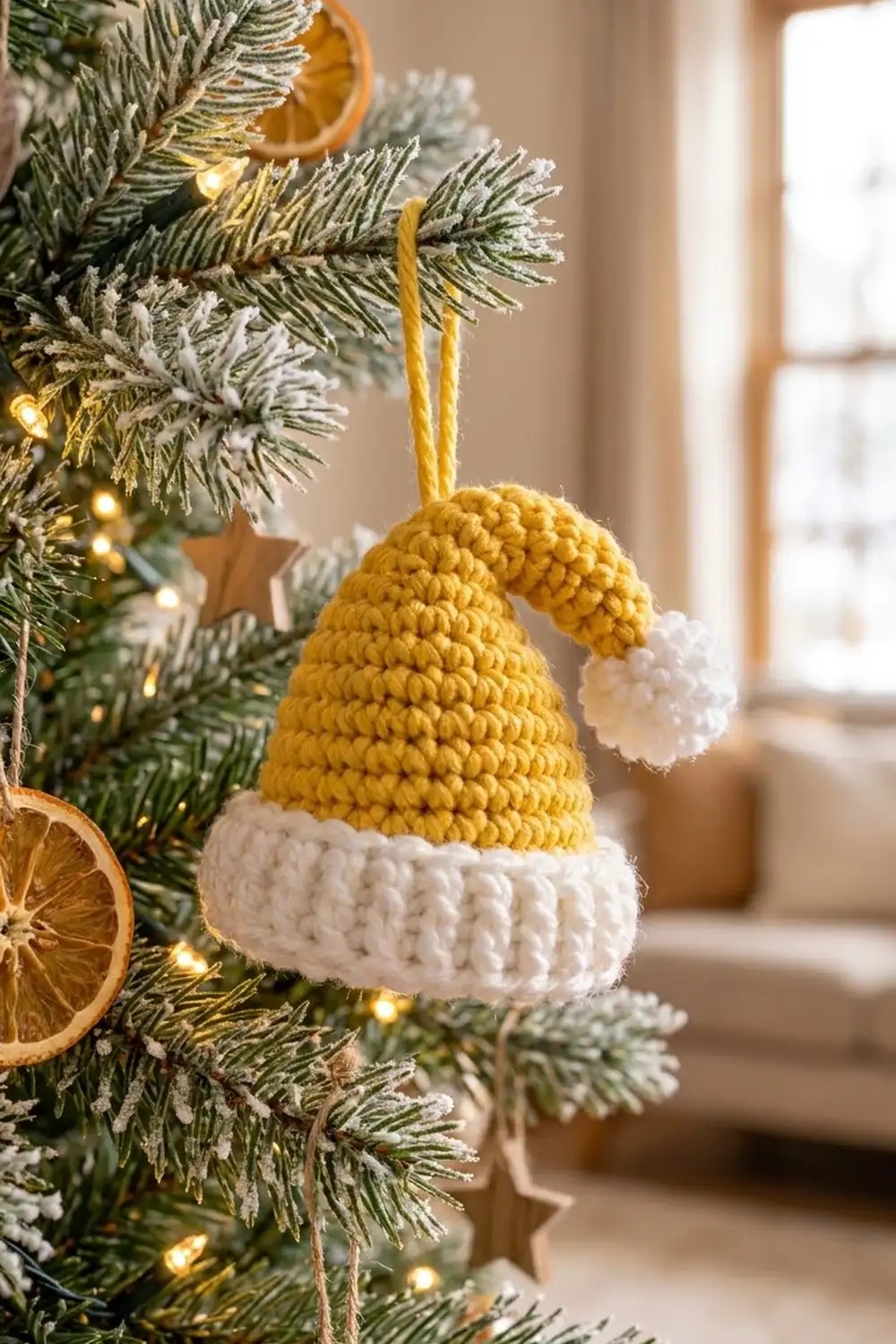 A yellow and white crocheted gnome ornament hangs from an evergreen branch decorated with warm lights and dried citrus slices.