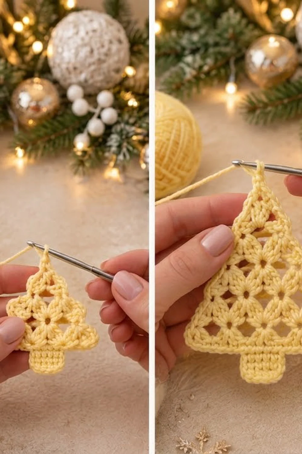 A crocheted yellow Christmas tree ornament held in hands against festive holiday decorations background.