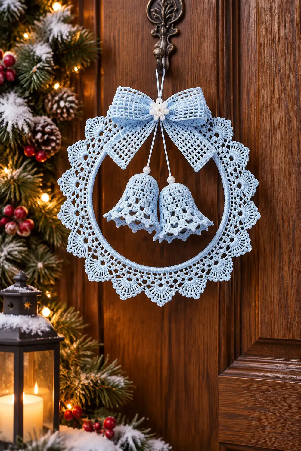 A delicate white lace ornament with bells hangs on a wooden door amid festive garland and warm lights.