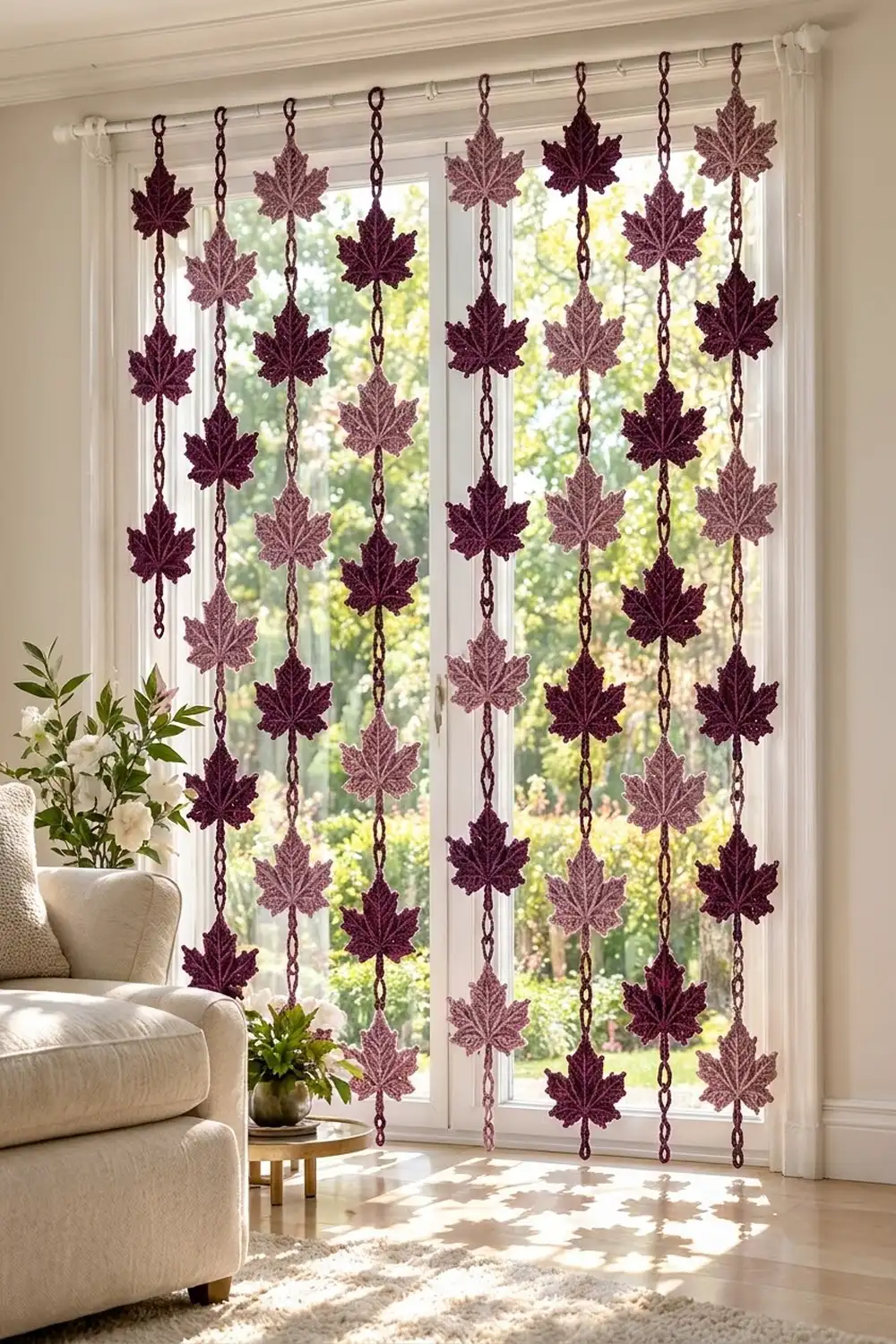 Burgundy maple leaf chain curtains hang in front of large windows beside a cream armchair and potted plants.