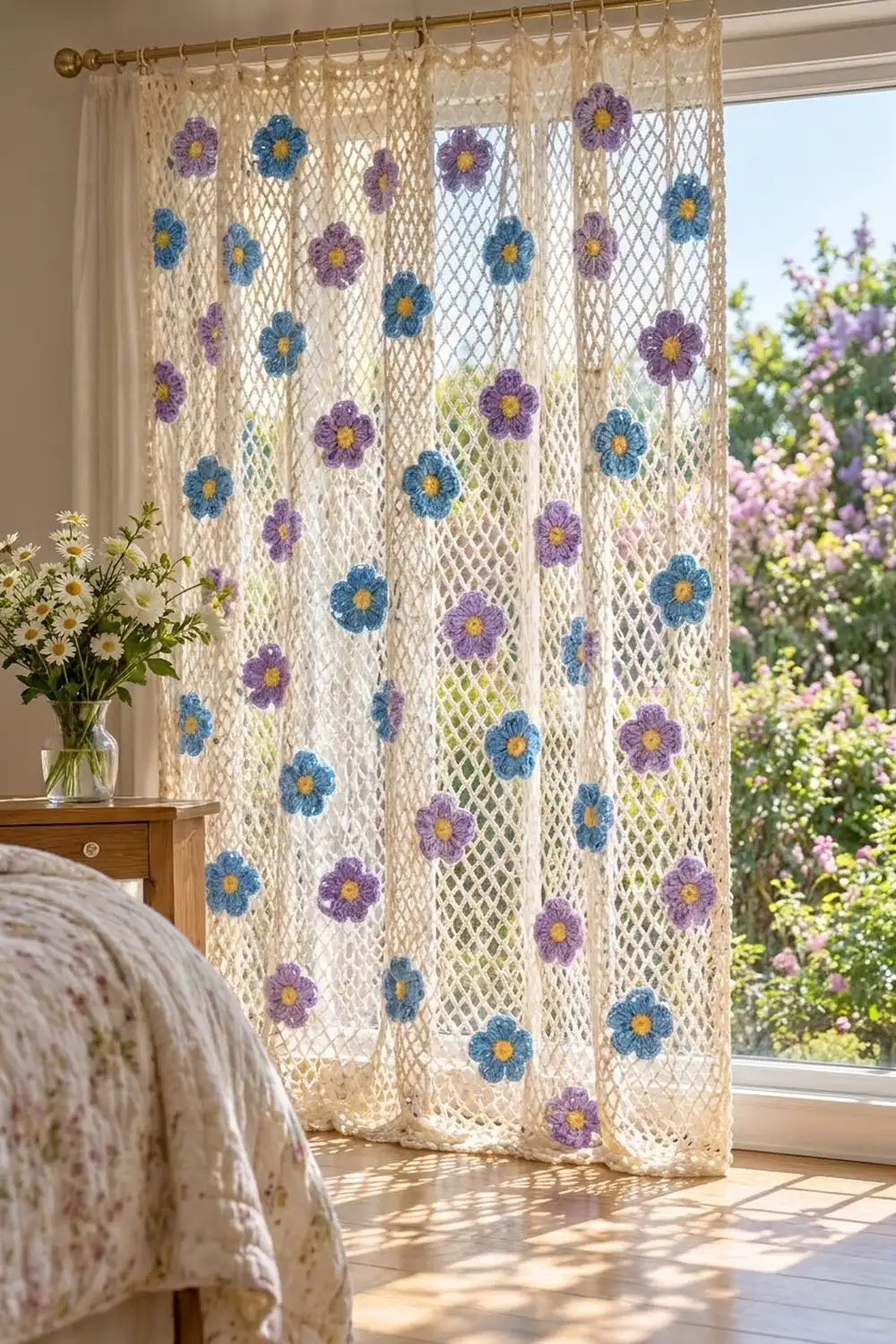 A crocheted cream curtain with blue and purple flowers hanging in a sunny bedroom window overlooking a garden.