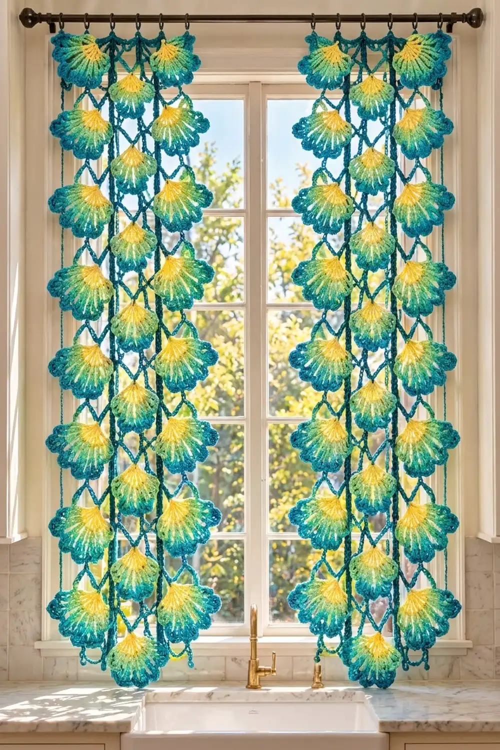 Crocheted turquoise and yellow shell-motif curtains hang from a rod above a kitchen window with marble countertop.
