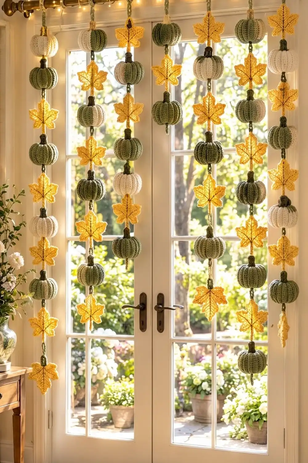 Crocheted autumn garland with green pumpkins and golden leaves hanging in front of glass doors.