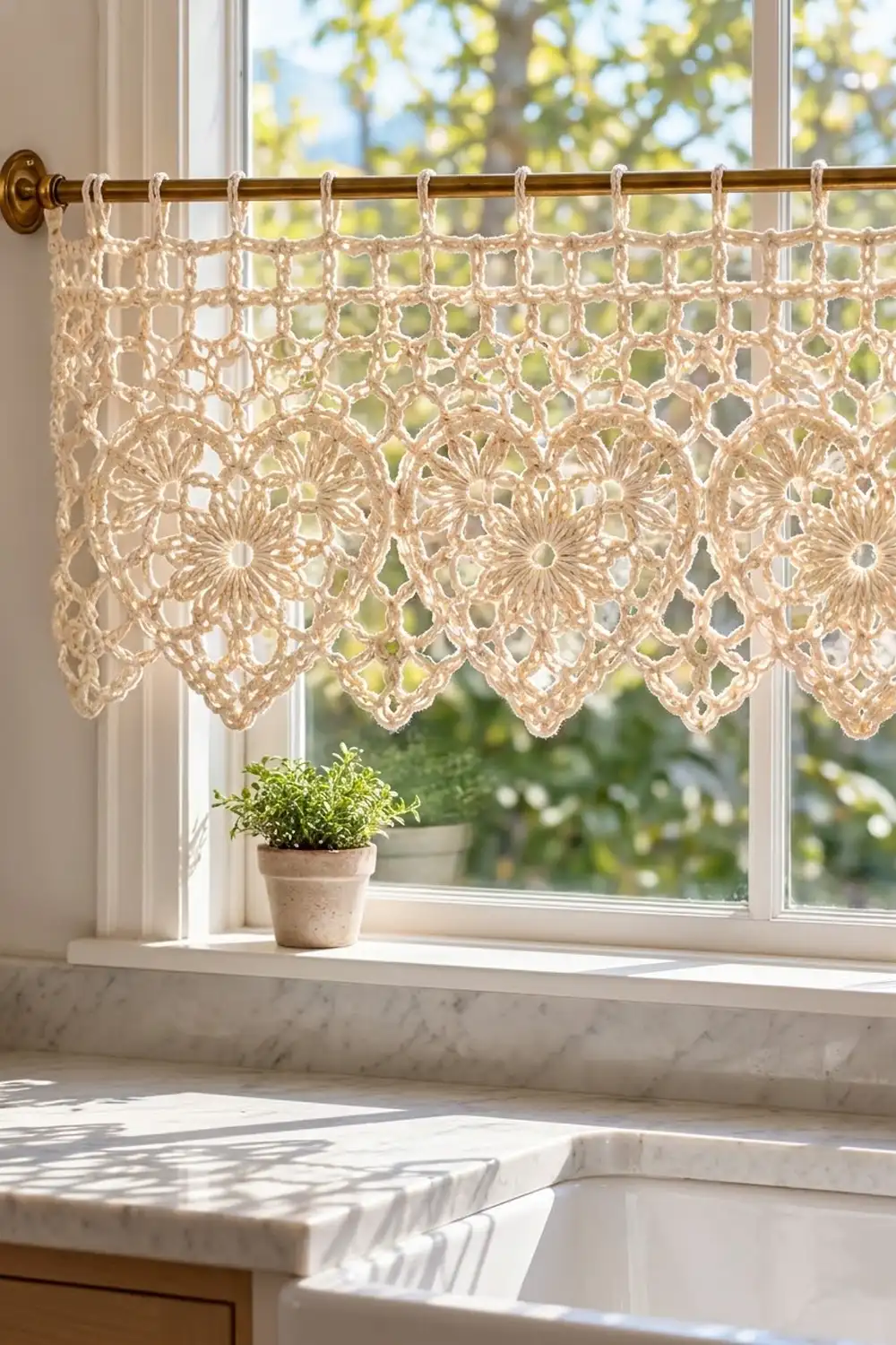 A cream crocheted lace café curtain with floral medallions hangs on a brass rod above a sunny kitchen window with potted herbs.