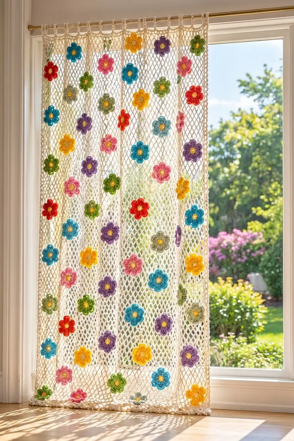 A cream crochet curtain with colorful appliqué flowers hangs on a window overlooking a garden.