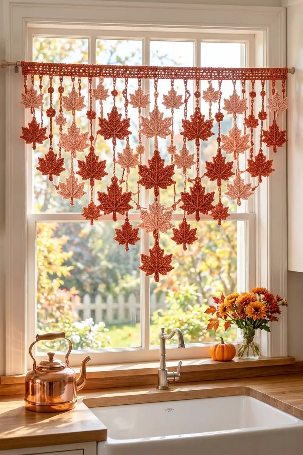 A red crocheted maple leaf window valance hangs above a kitchen sink with autumn flowers and a copper kettle.