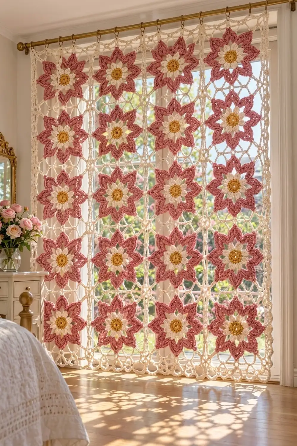 Crocheted floral curtain with red and white daisy motifs hanging on brass rod in sunlit bedroom.