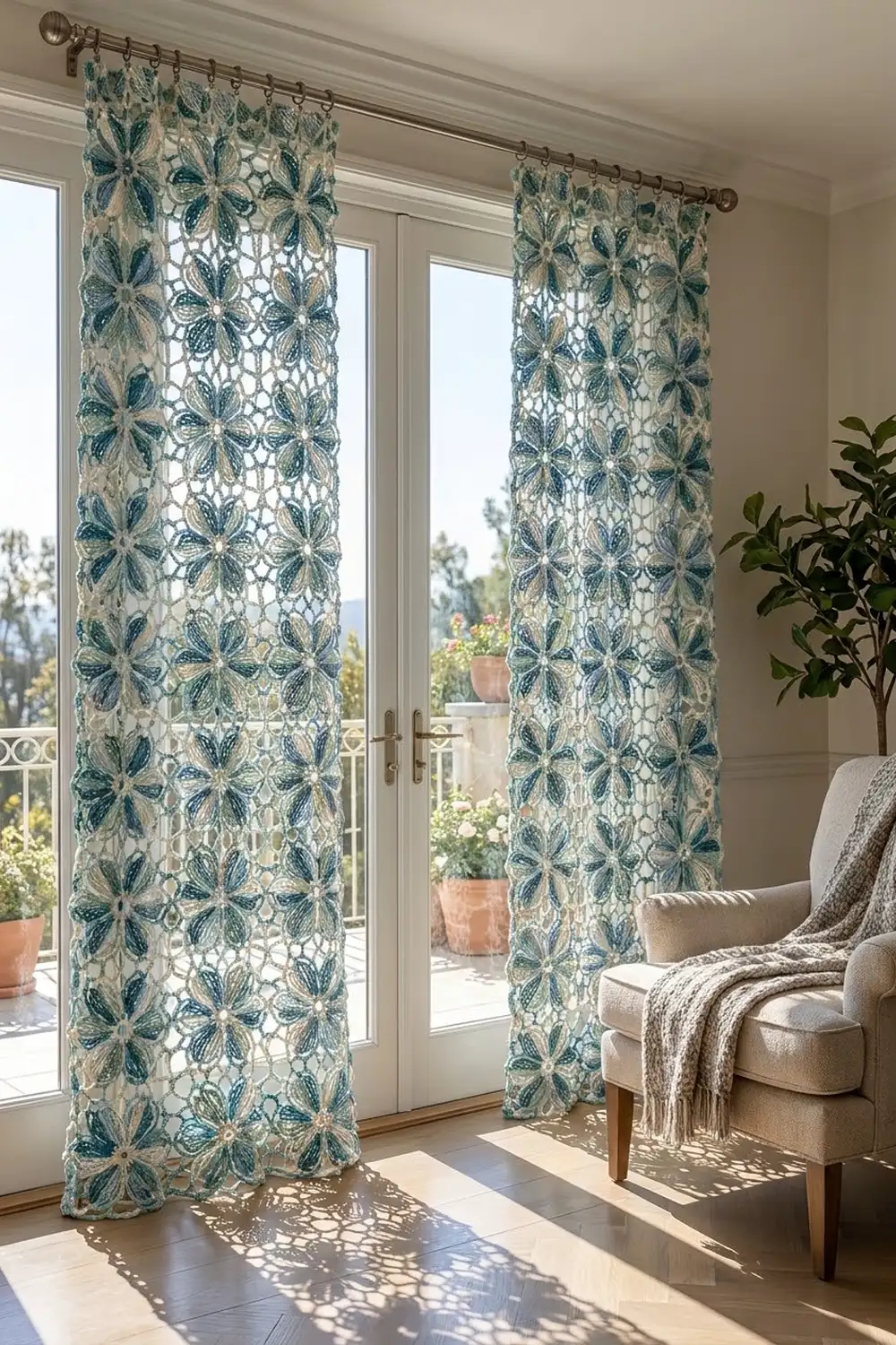 Teal floral patterned curtains hang from brass rods framing glass doors overlooking a sunny balcony with potted plants.