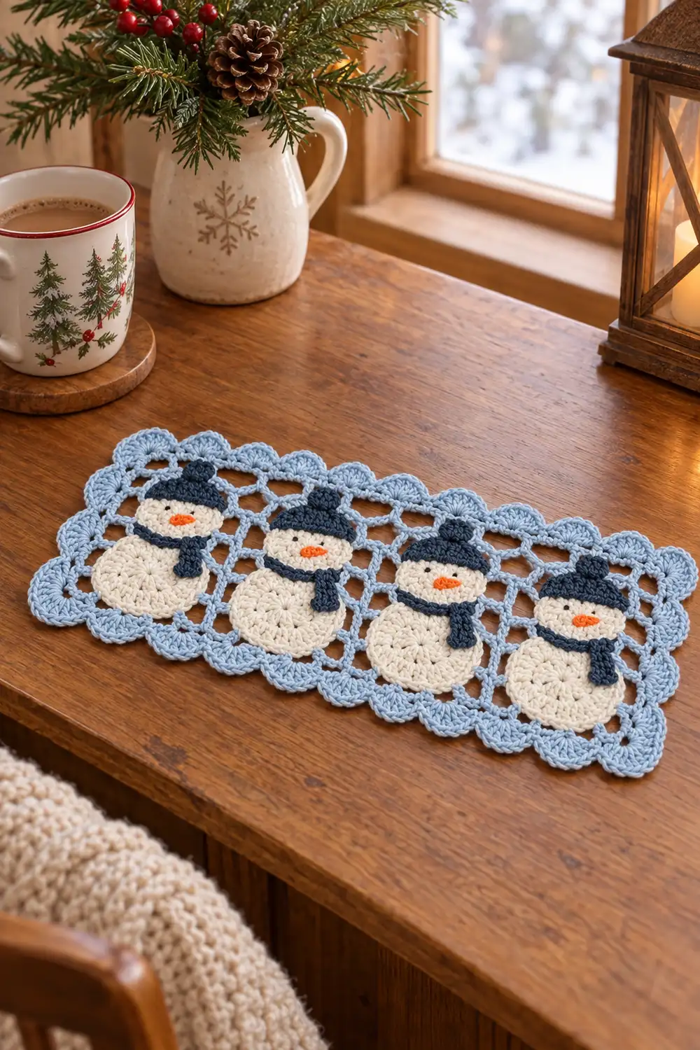 A crocheted snowman table runner with blue border and cream snowmen sits on a wooden windowsill beside holiday decorations.