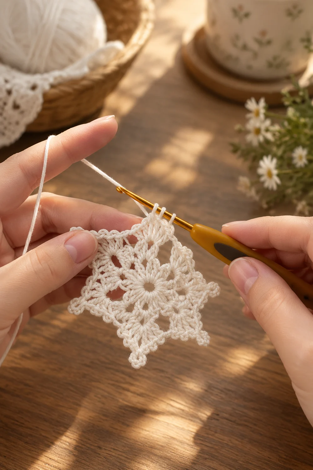 Hands crocheting a delicate cream lace doily with a golden hook on a sunlit wooden surface.