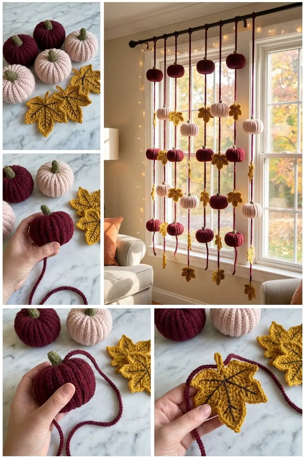 Crocheted pumpkins and leaves hanging from a rod as autumn window decoration with fall foliage visible outside.