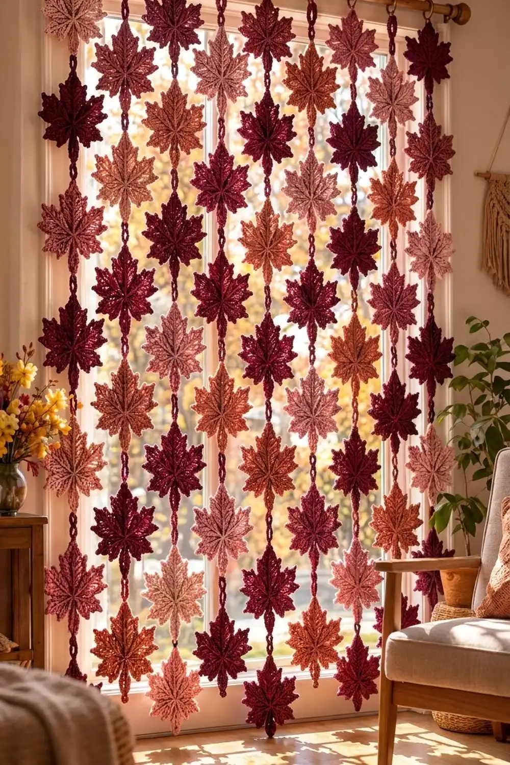 Burgundy and pink crocheted snowflake garland hanging in a sunlit window with wooden furniture nearby.