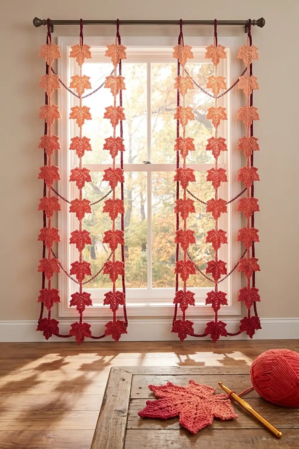 Crocheted leaf garland in red-orange ombre hanging from a rod across a window with autumn décor.