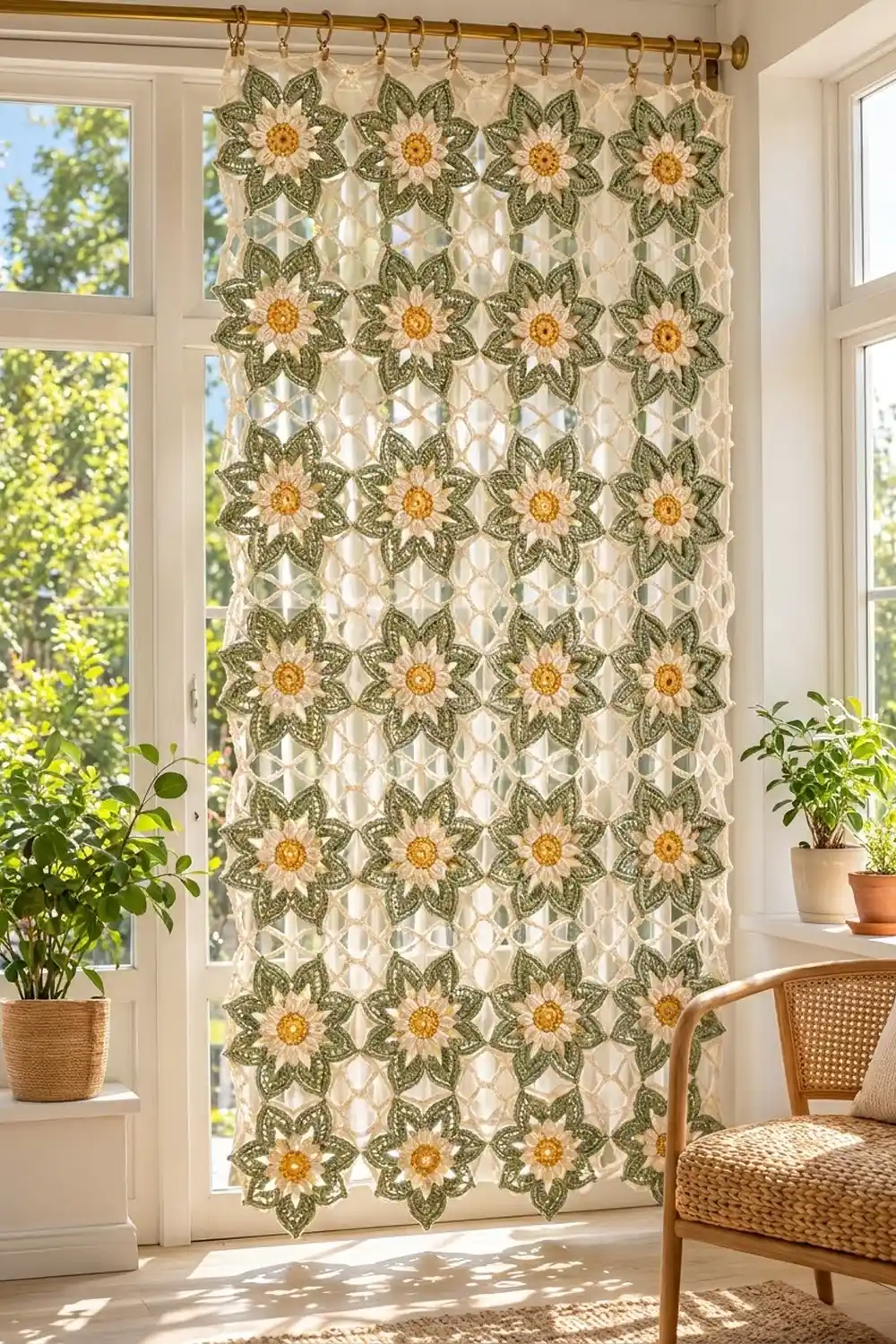 A lace curtain with green and yellow floral motifs hangs on a brass rod before sunlit windows in a bright room.