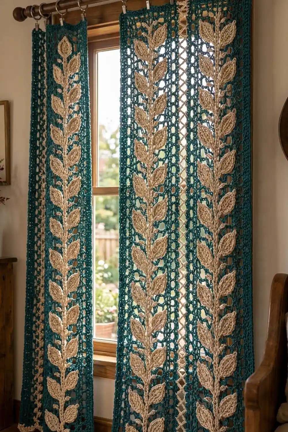 Pair of teal and cream lace curtains with leaf patterns hanging from a brass rod beside a sunlit window.