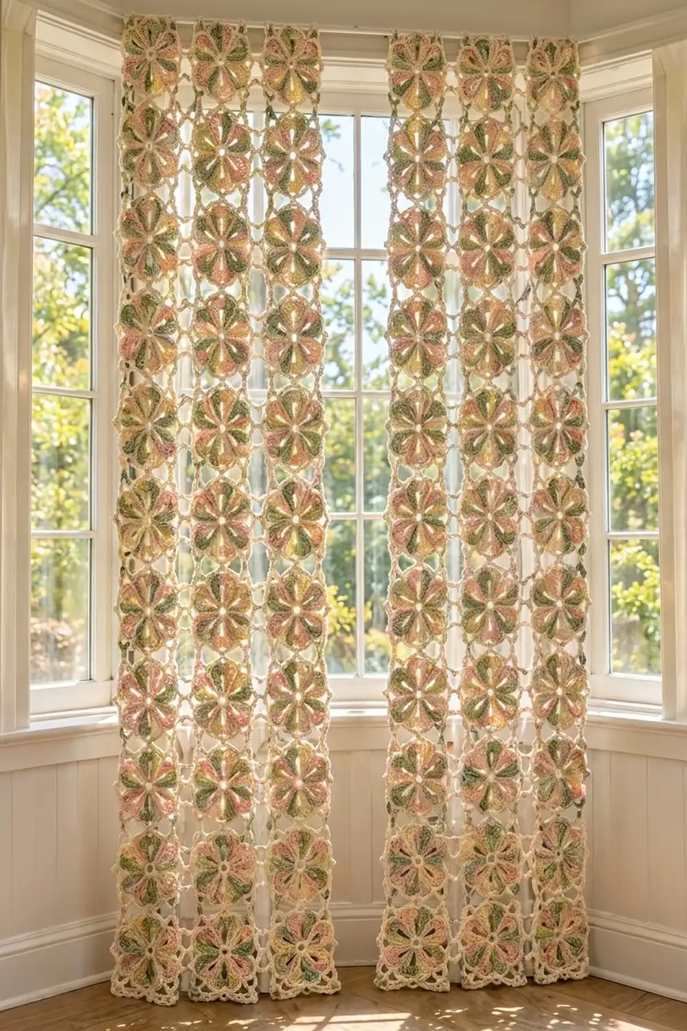 Floral embroidered curtains with coral and green flowers hang from a bay window overlooking green outdoor foliage.