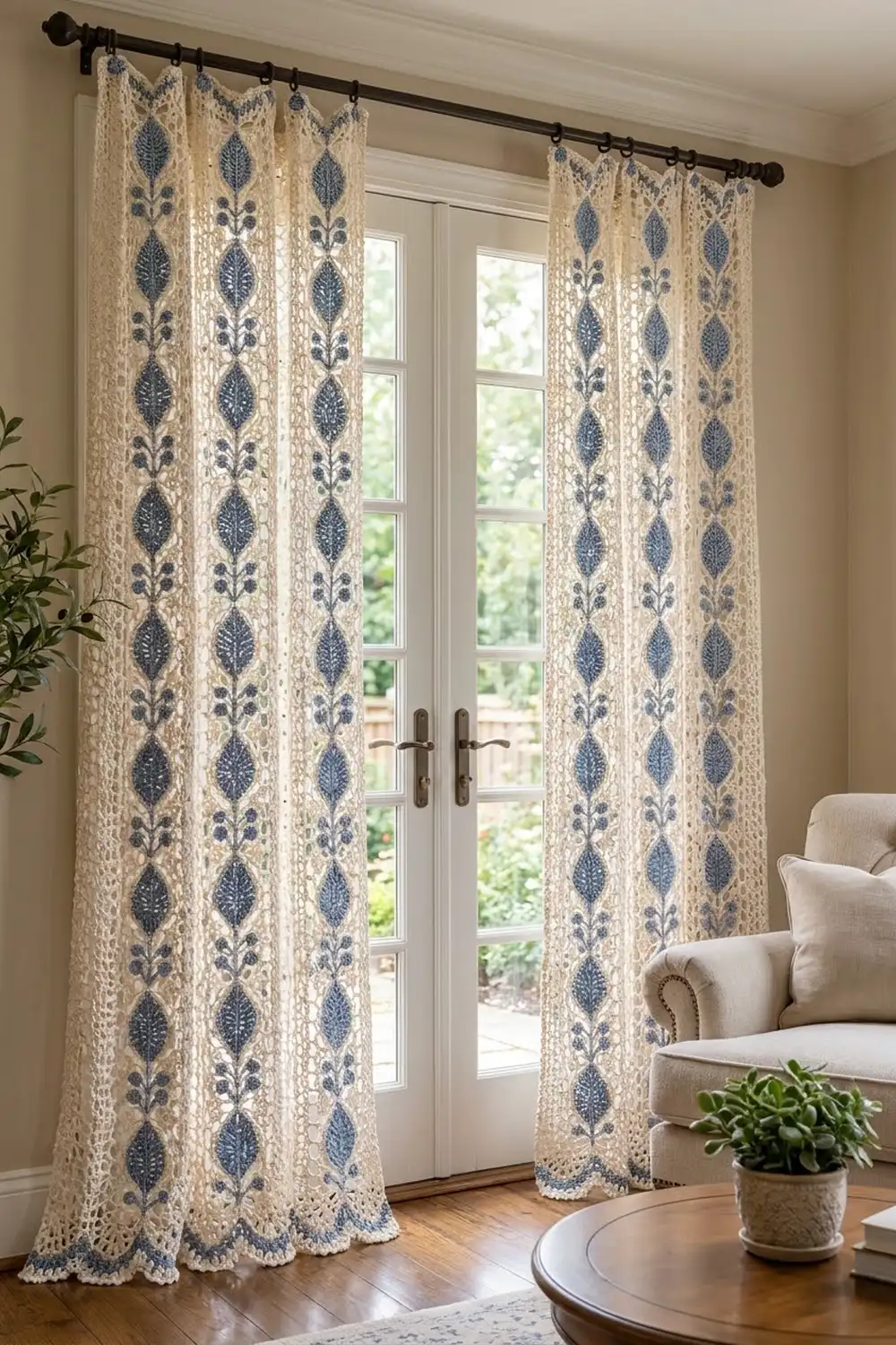 Cream and navy damask curtains with lace trim hang from a black rod on French doors in a elegant living room.