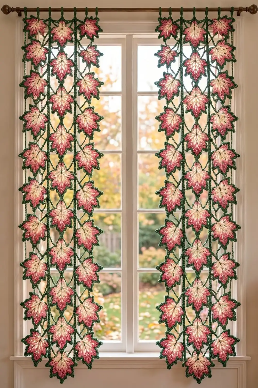 Delicate lace curtains with pink and cream maple leaves hang from a brass rod framing a tall window.