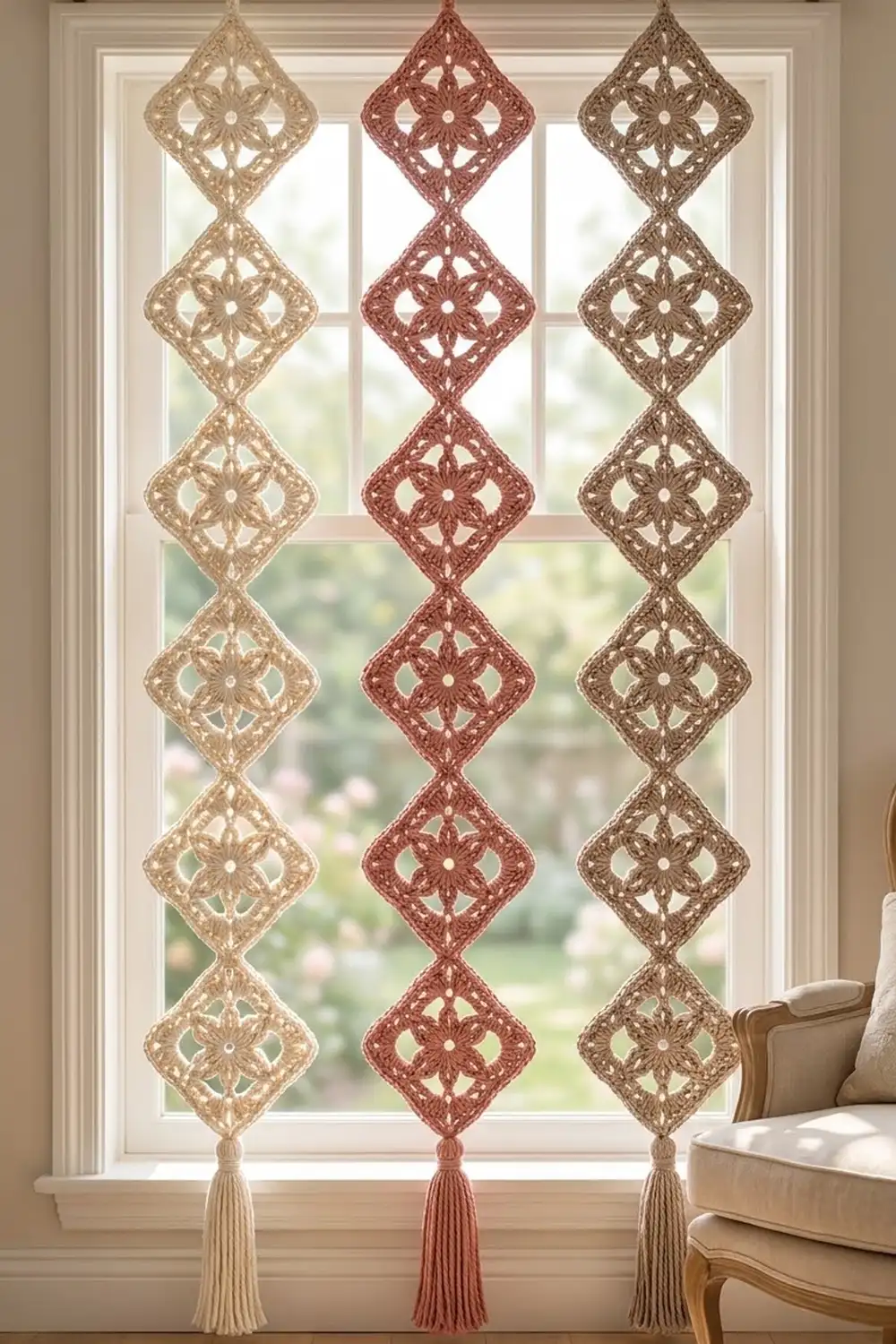 Three crocheted diamond-patterned window panels in cream, burgundy, and taupe hang from a bright window.